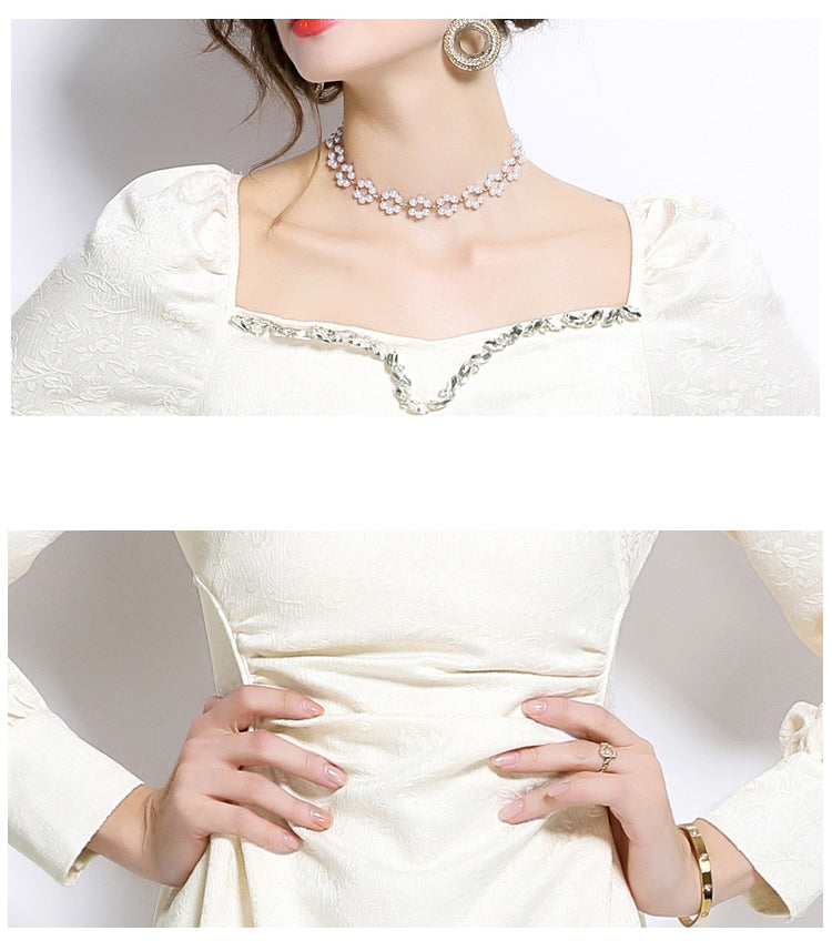 Jacquard Handmade Rhinestone Off-white Puff Sleeve Dress