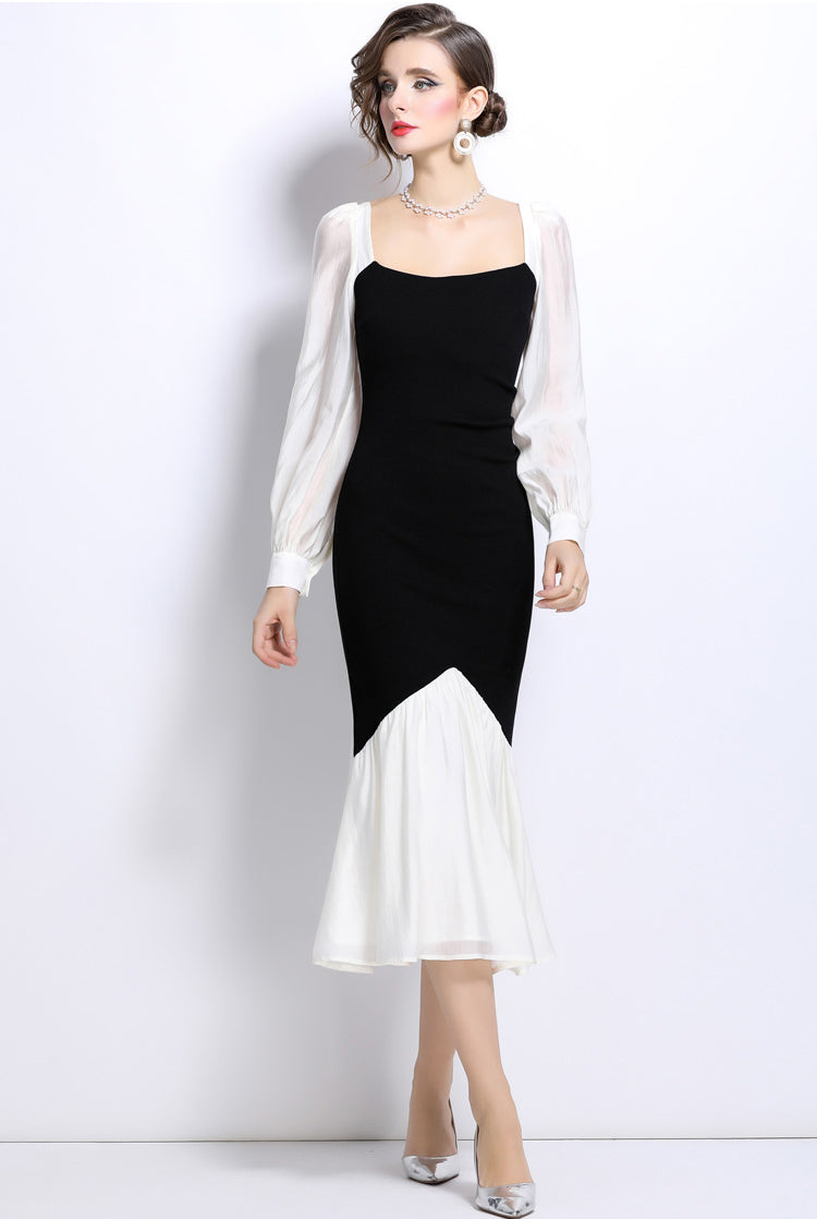 Black Square Collar Fishtail Dress