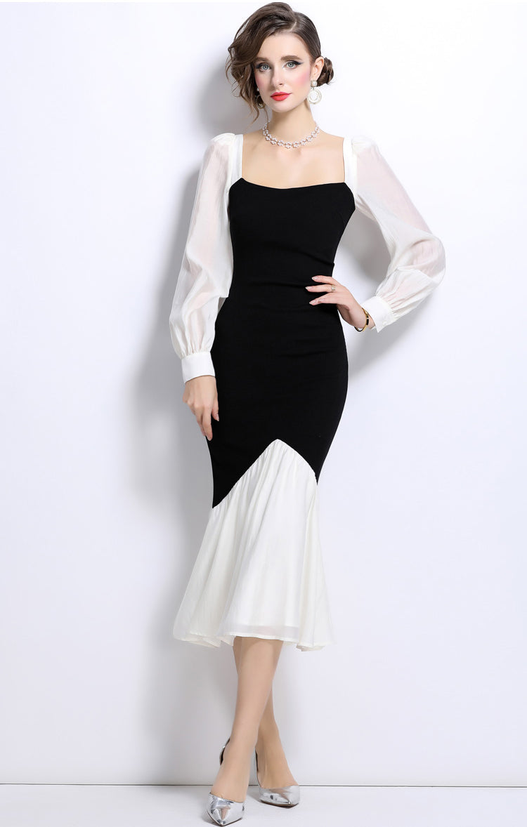 Black Square Collar Fishtail Dress