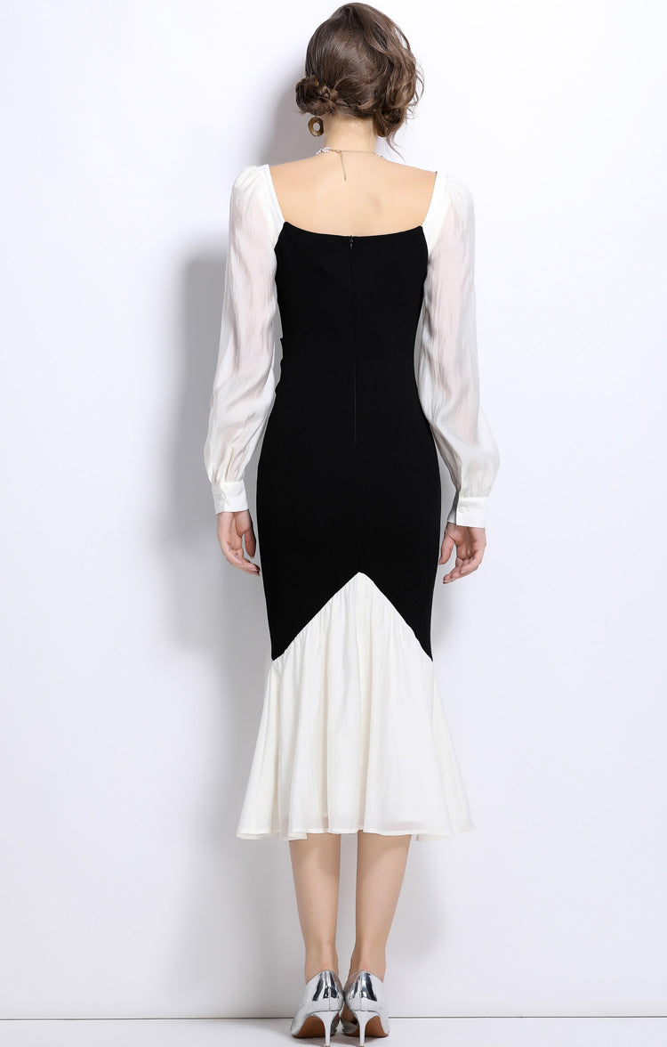 Black Square Collar Fishtail Dress