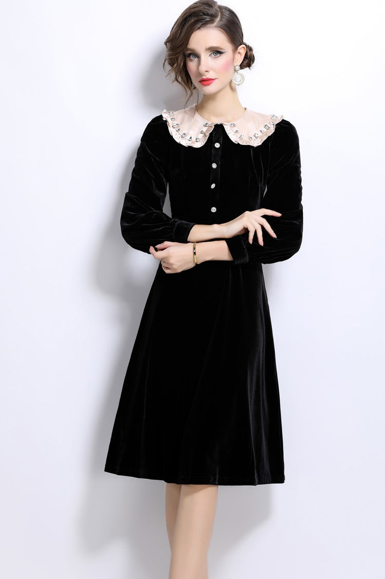 Black Doll Collar Mid-length Velvet Dress