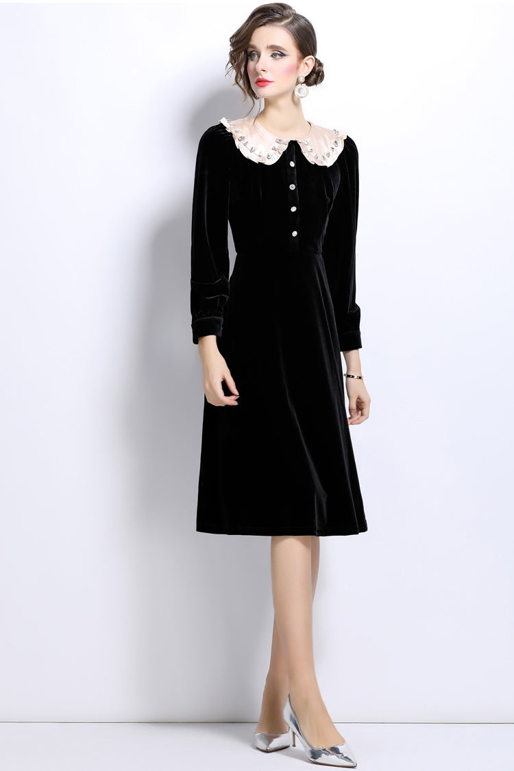 Black Doll Collar Mid-length Velvet Dress