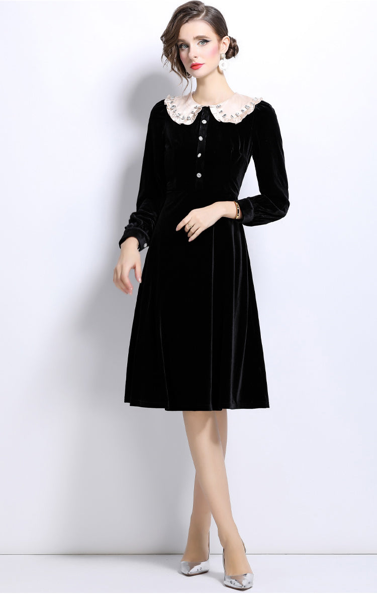 Black Doll Collar Mid-length Velvet Dress