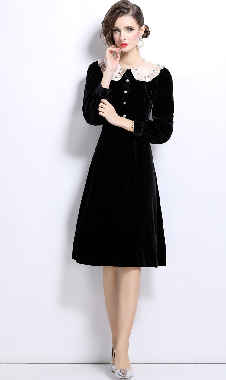 Black Doll Collar Mid-length Velvet Dress