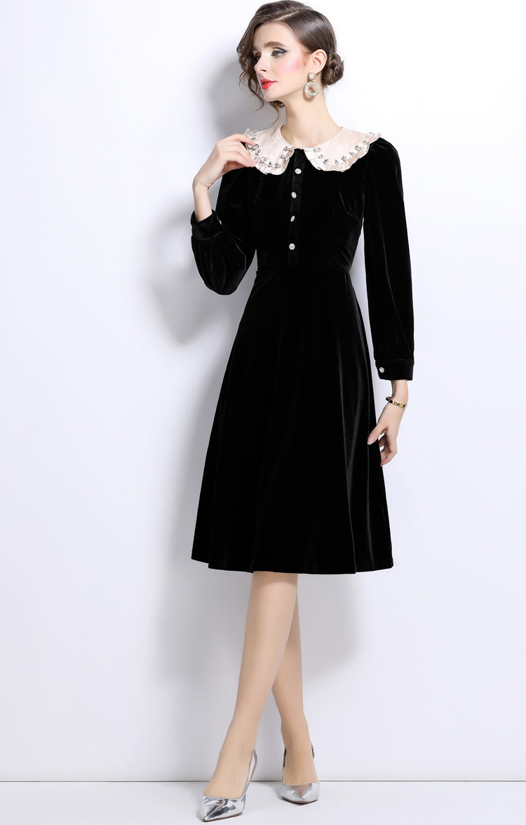 Black Doll Collar Mid-length Velvet Dress