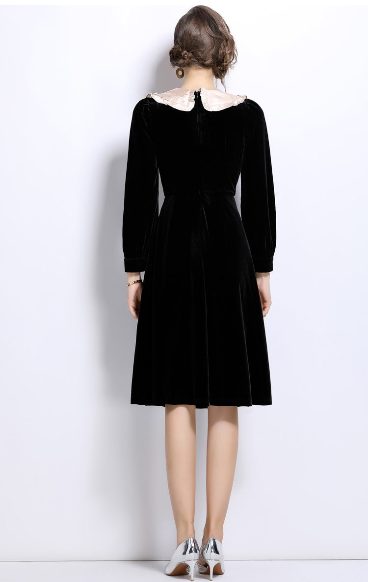 Black Doll Collar Mid-length Velvet Dress