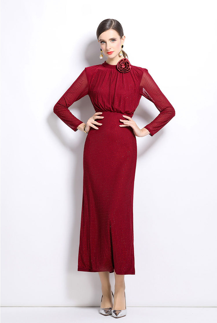 Claret Red Hot Diamond Mesh Elegant Long Dress