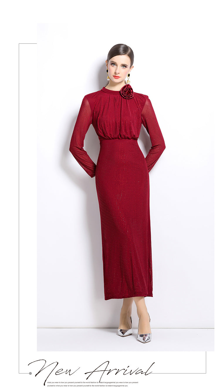 Claret Red Hot Diamond Mesh Elegant Long Dress