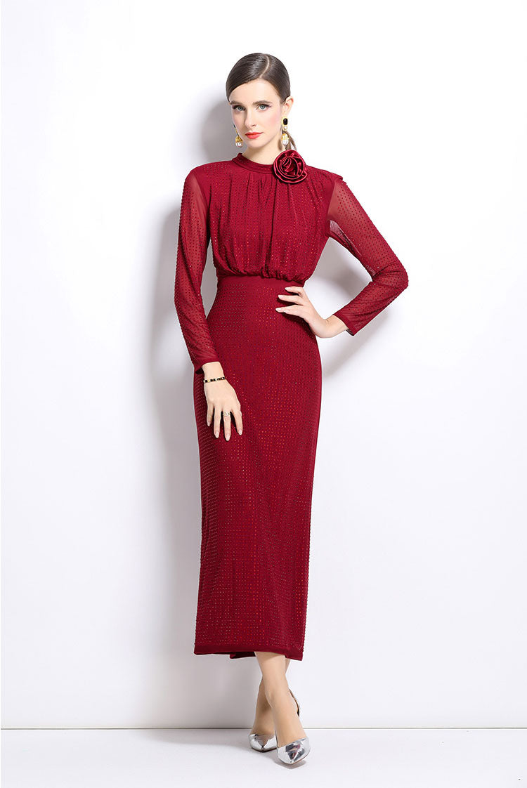 Claret Red Hot Diamond Mesh Elegant Long Dress