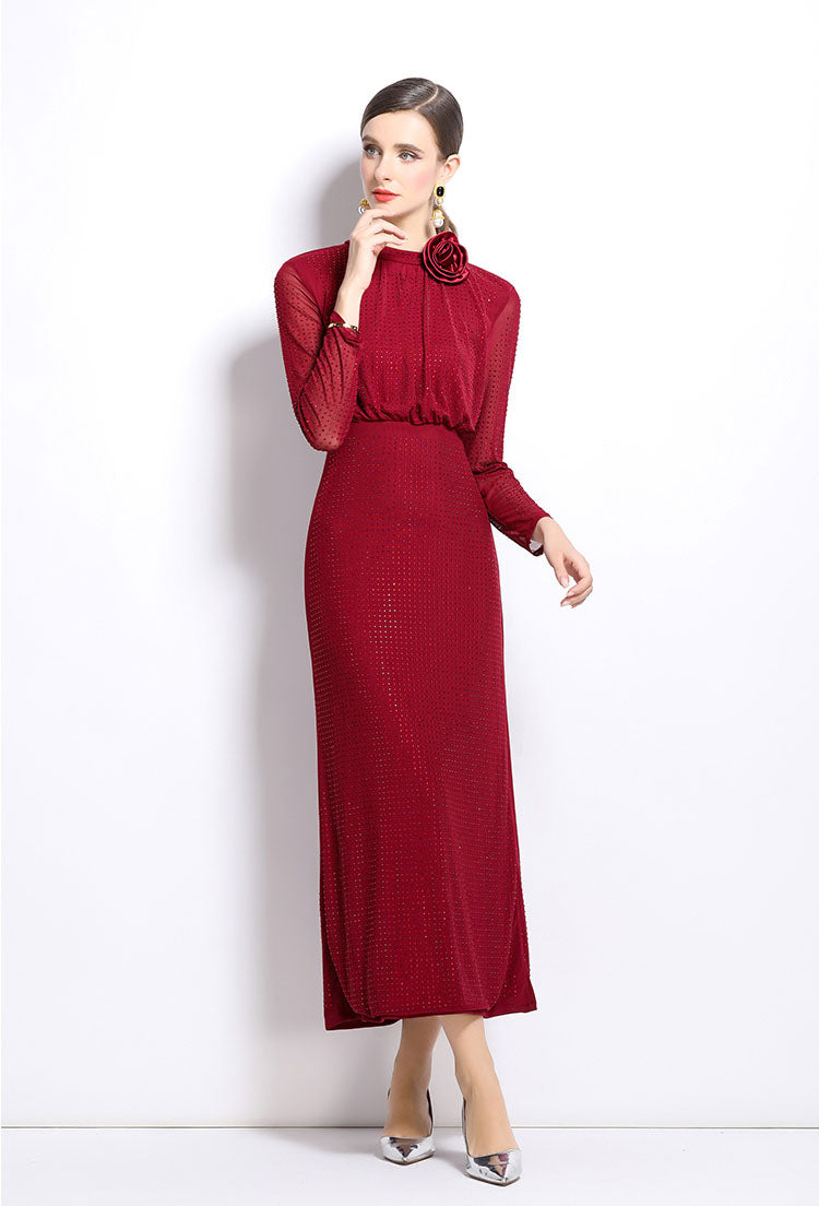 Claret Red Hot Diamond Mesh Elegant Long Dress