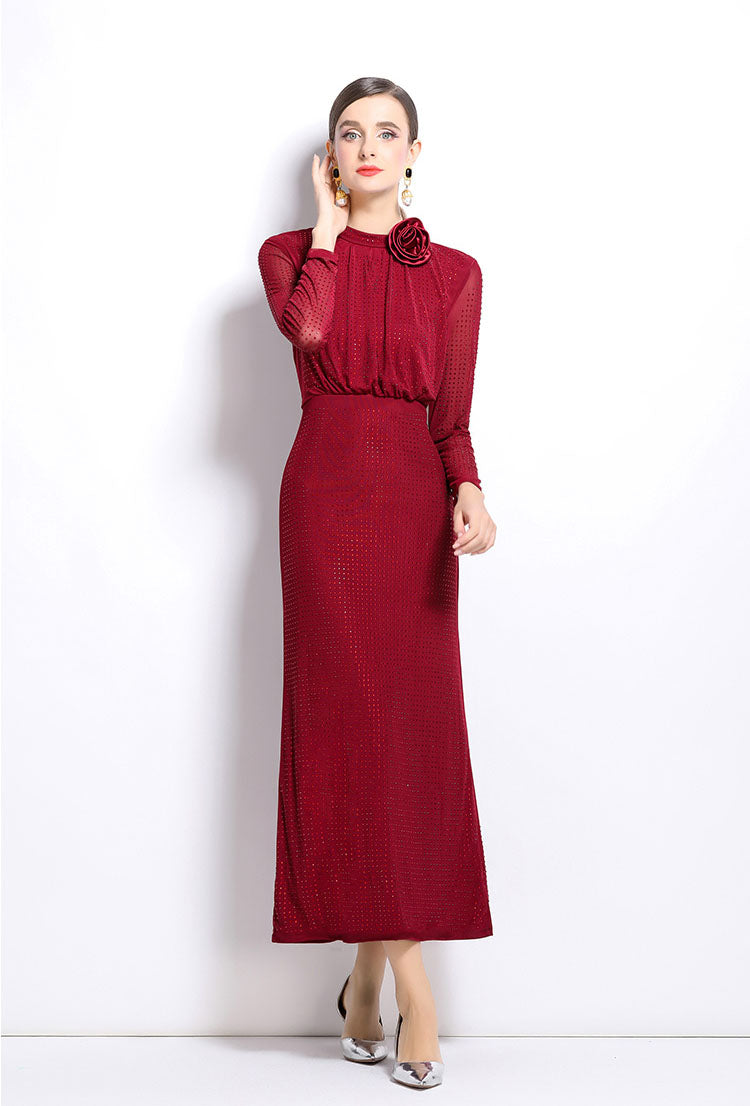 Claret Red Hot Diamond Mesh Elegant Long Dress