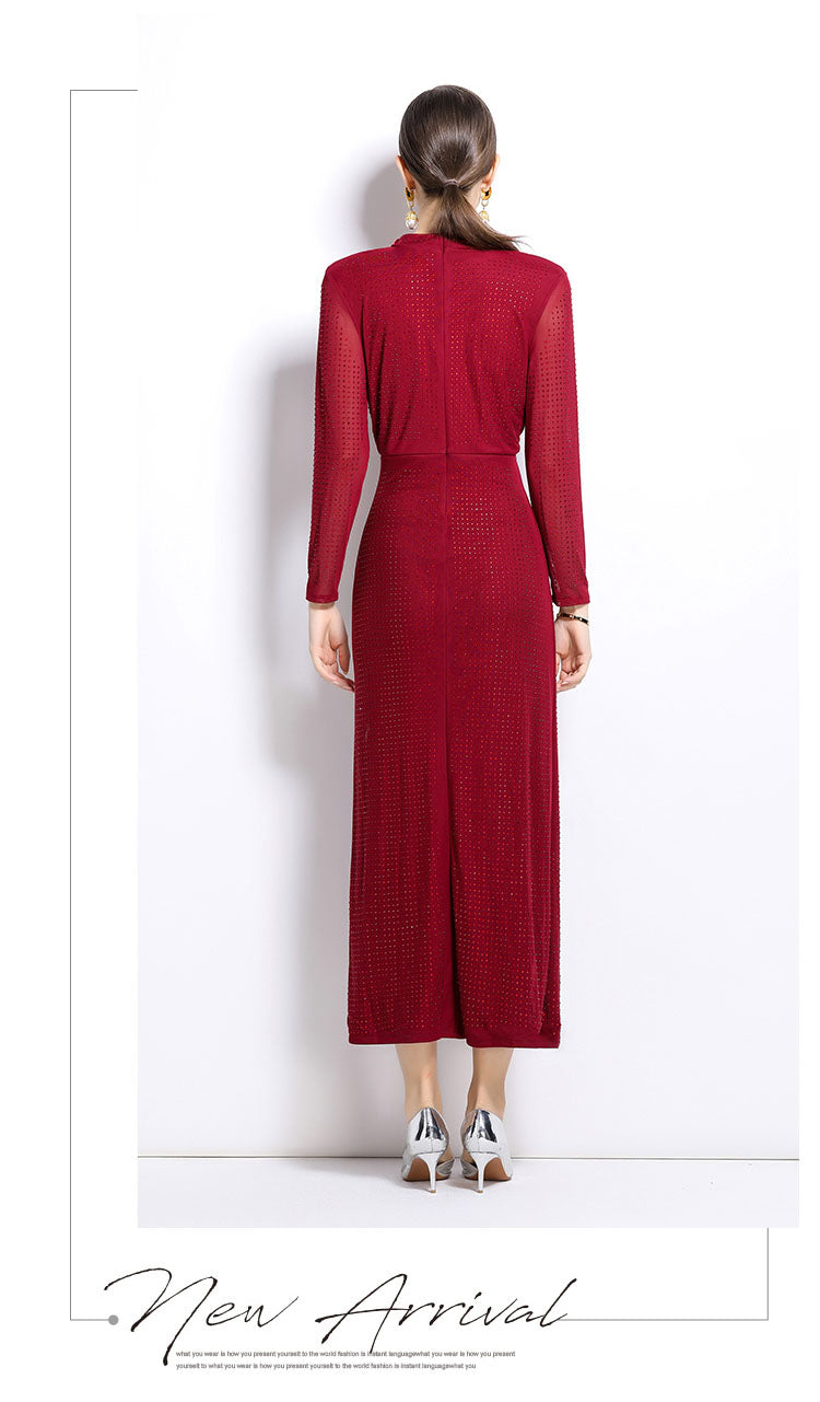 Claret Red Hot Diamond Mesh Elegant Long Dress