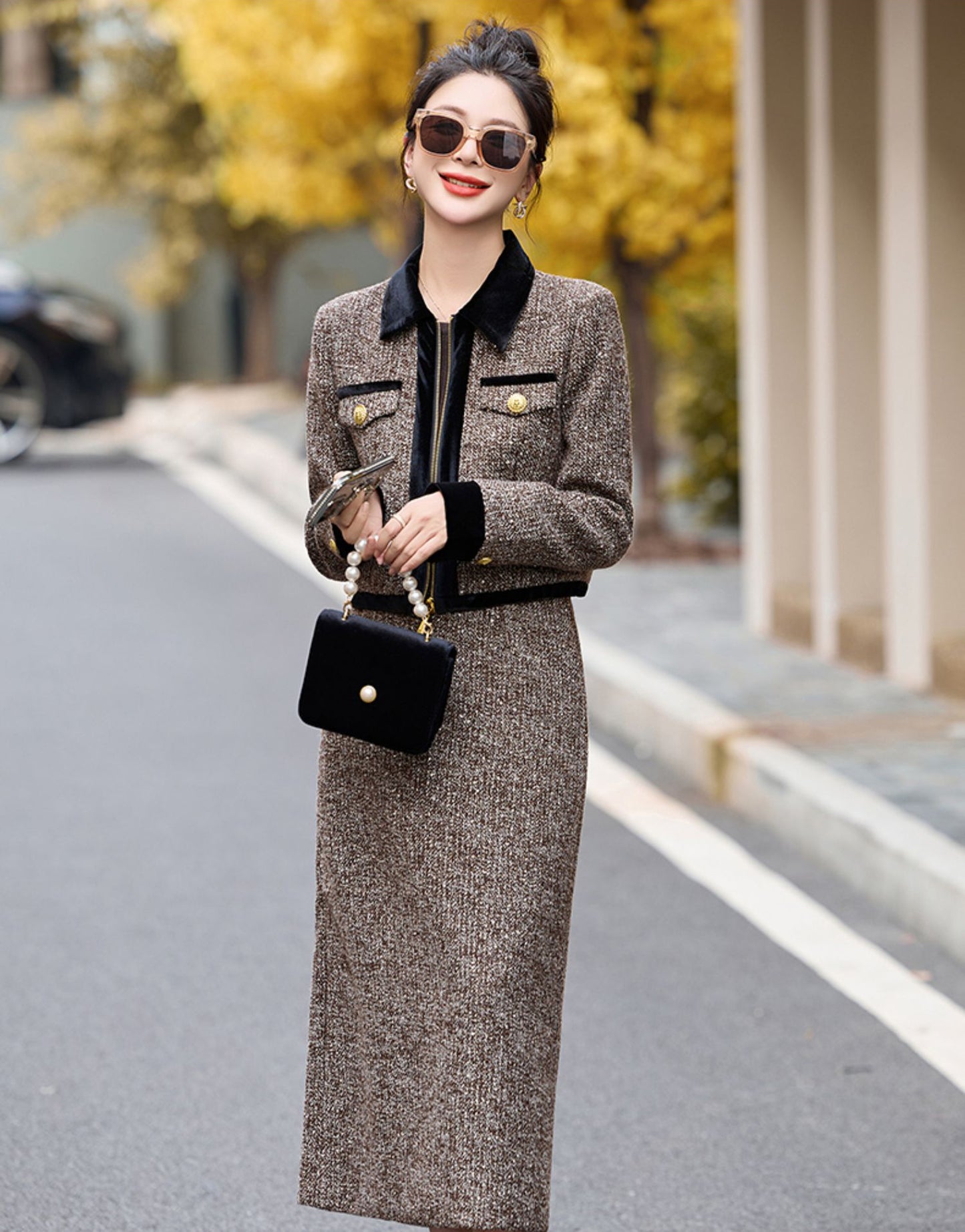 Autumn And Winter Brown Jacket + Skirt Two Pieces Suit Set