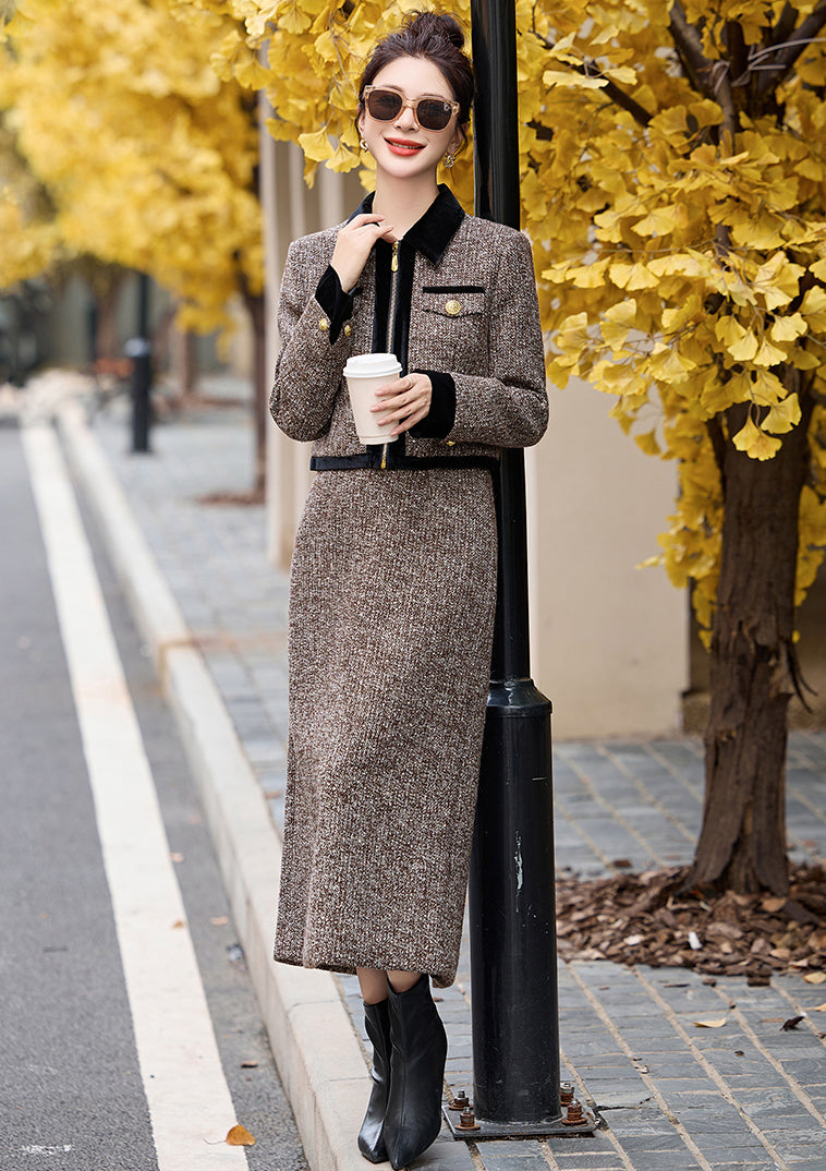 Autumn And Winter Brown Jacket + Skirt Two Pieces Suit Set