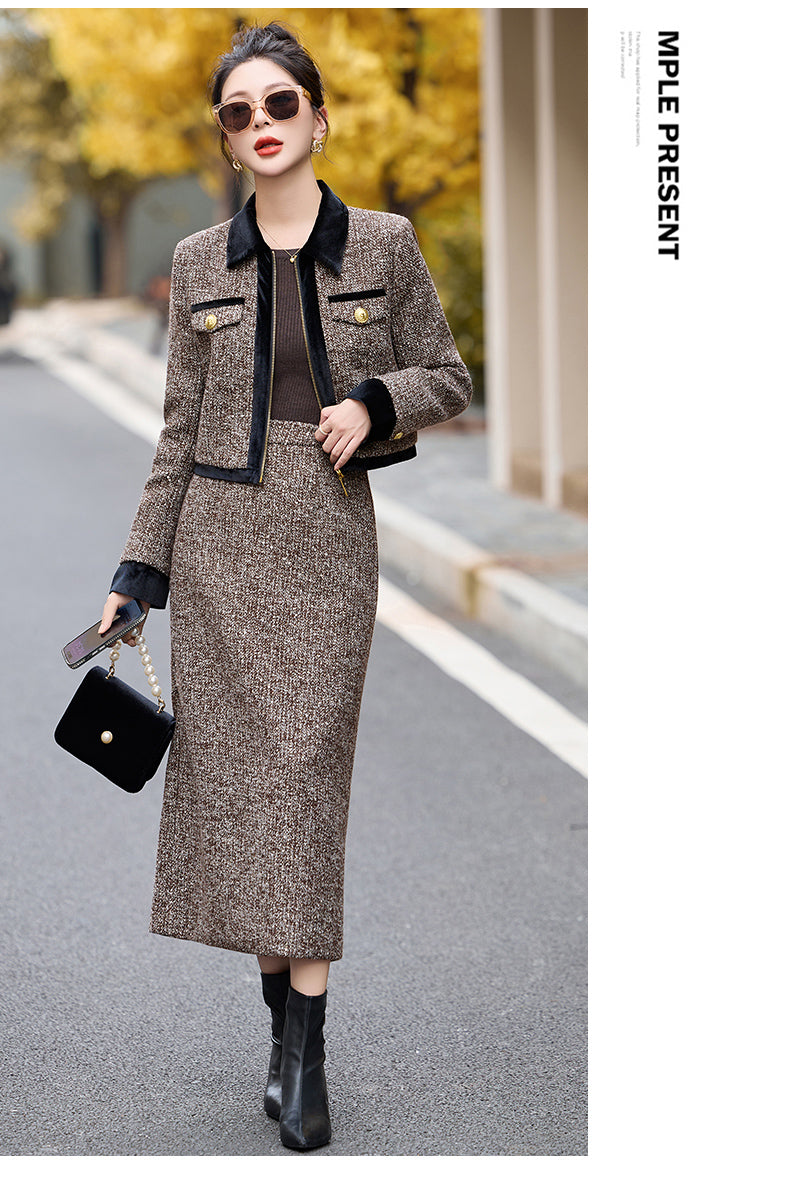 Autumn And Winter Brown Jacket + Skirt Two Pieces Suit Set