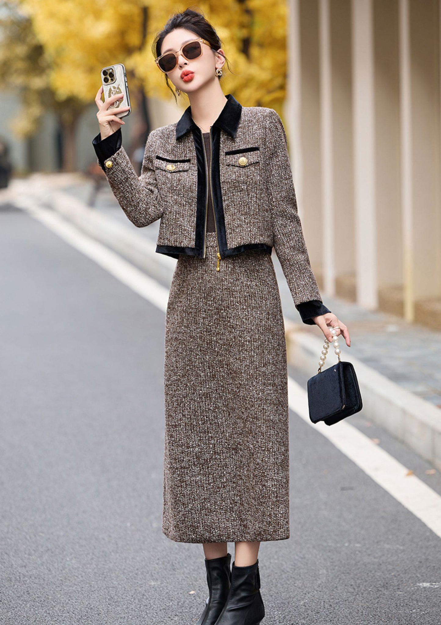 Autumn And Winter Brown Jacket + Skirt Two Pieces Suit Set