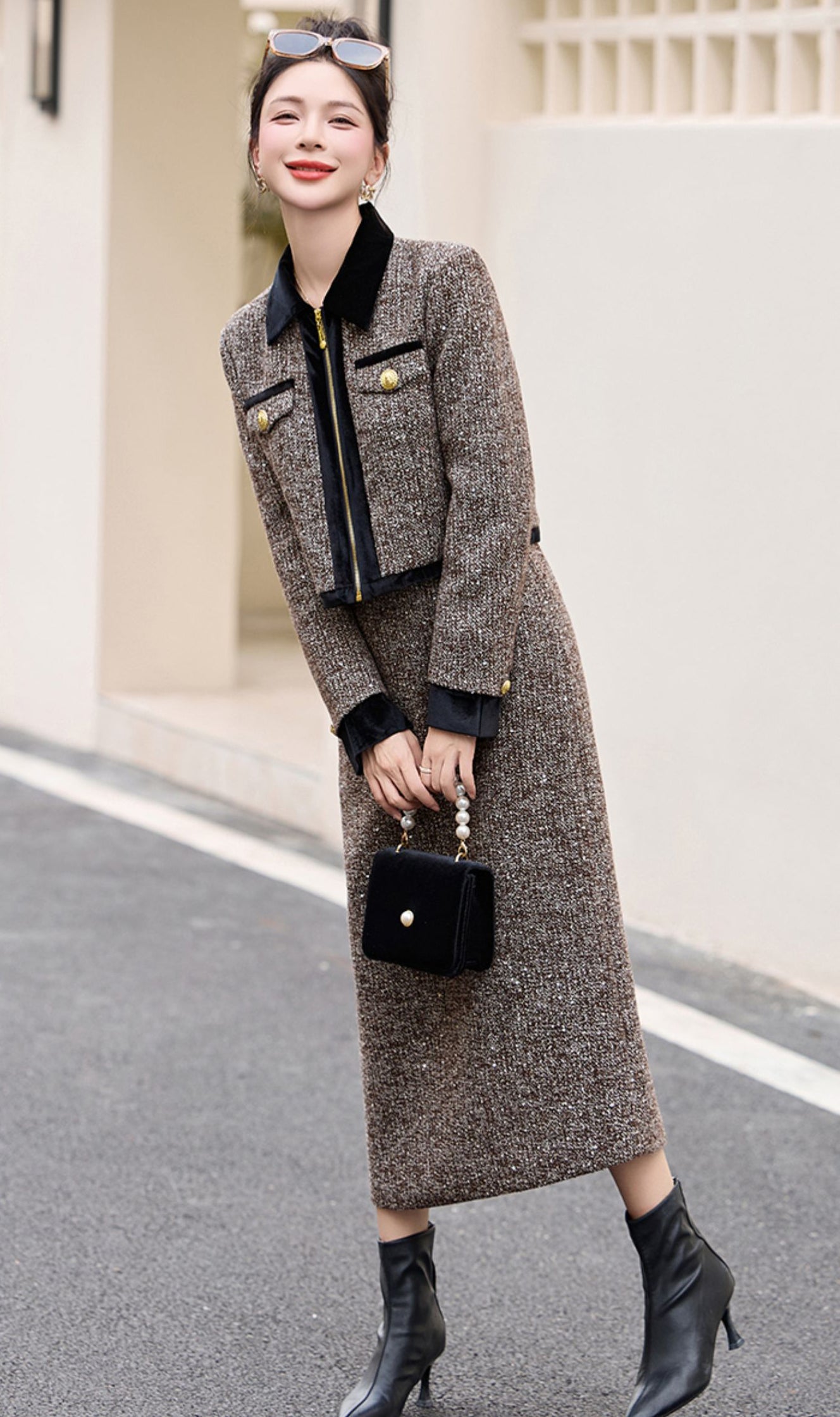 Autumn And Winter Brown Jacket + Skirt Two Pieces Suit Set