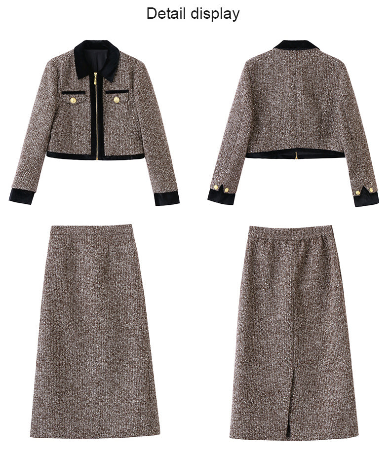 Autumn And Winter Brown Jacket + Skirt Two Pieces Suit Set