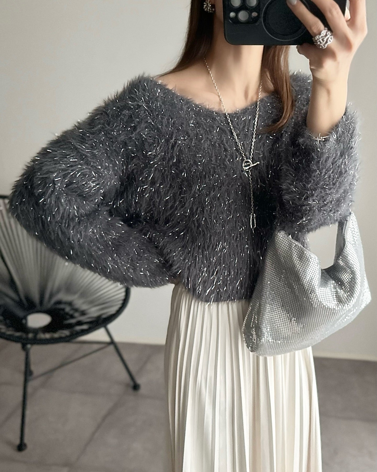 Grey Shiny V-neck women's Sweater