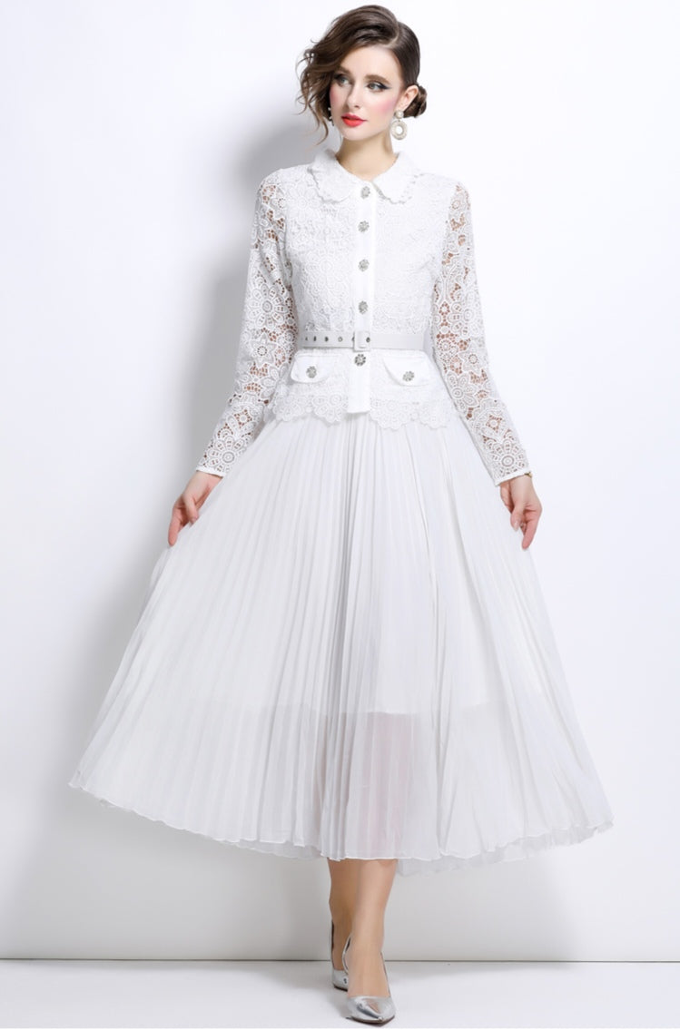 White Hollow Lace Splicing Pleated Mid-length Dress