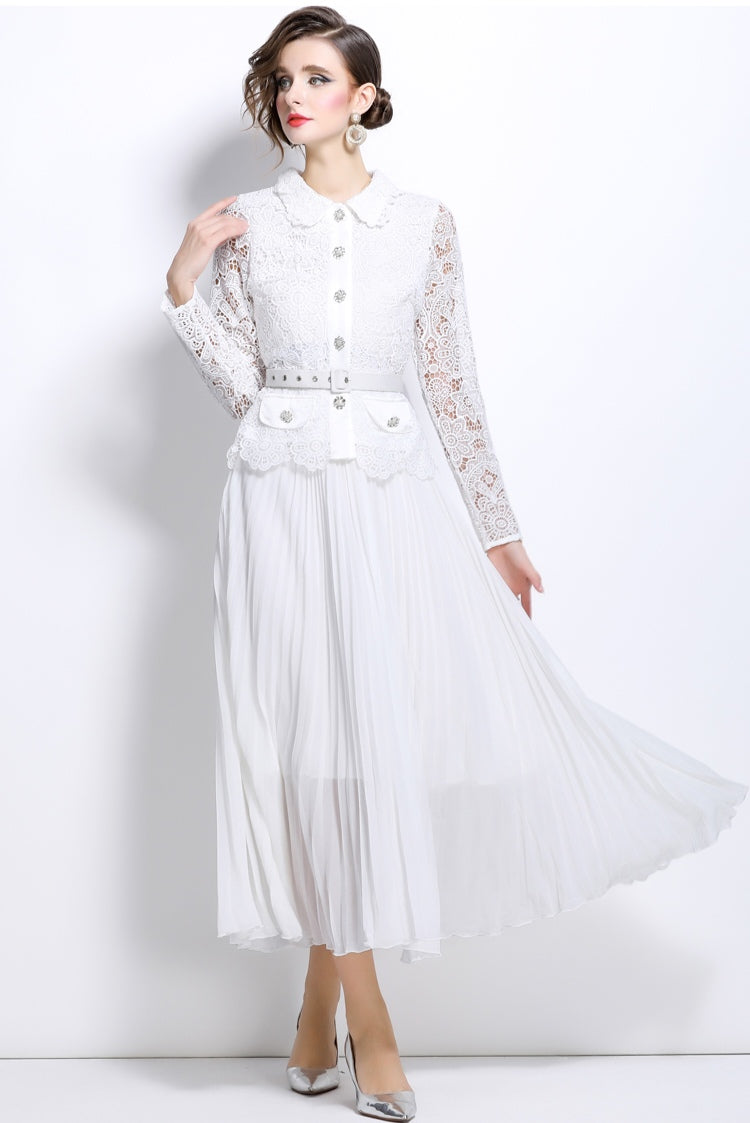 White Hollow Lace Splicing Pleated Mid-length Dress