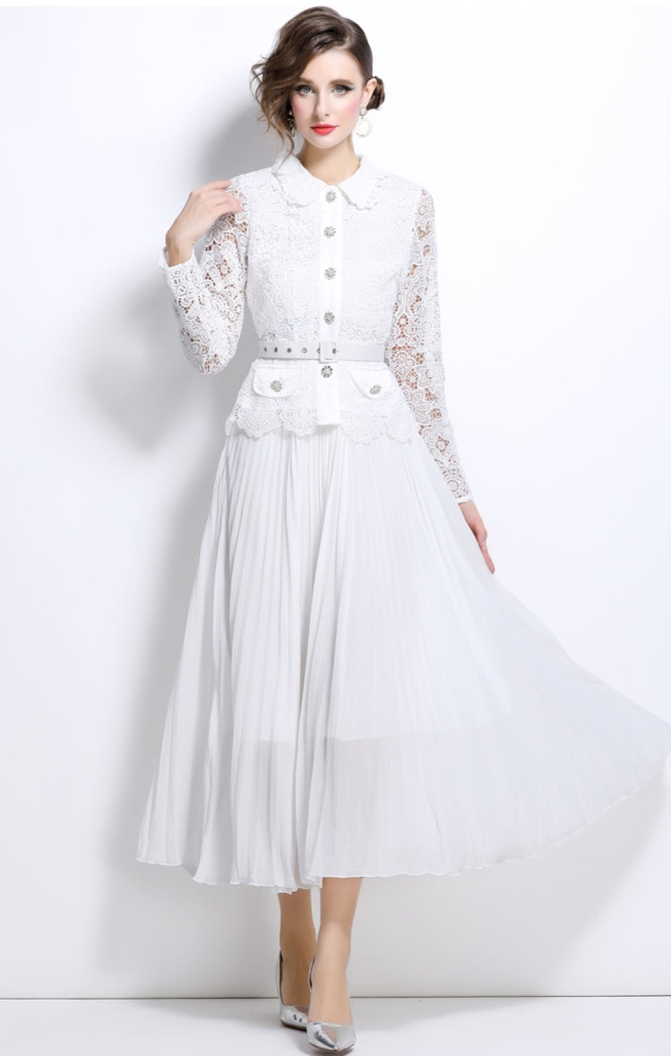 White Hollow Lace Splicing Pleated Mid-length Dress