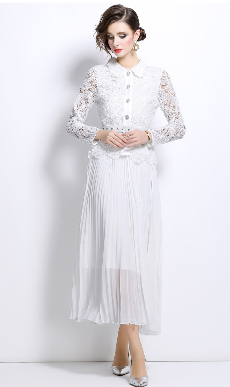 White Hollow Lace Splicing Pleated Mid-length Dress