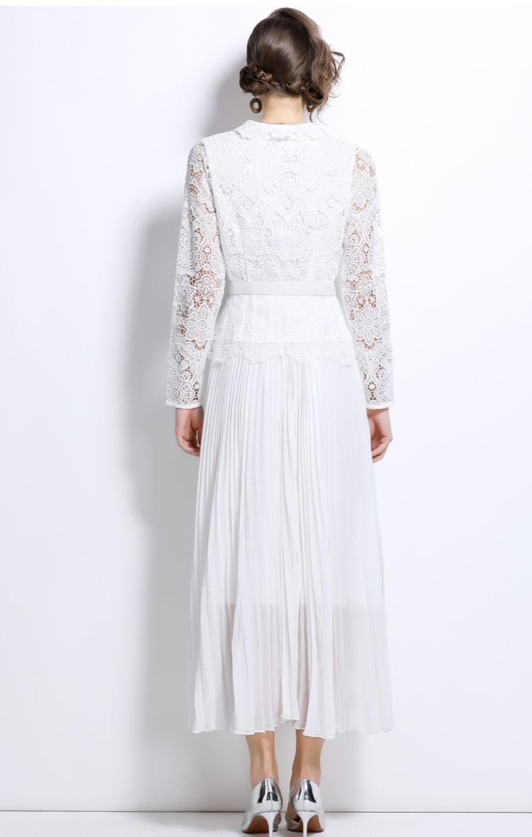 White Hollow Lace Splicing Pleated Mid-length Dress