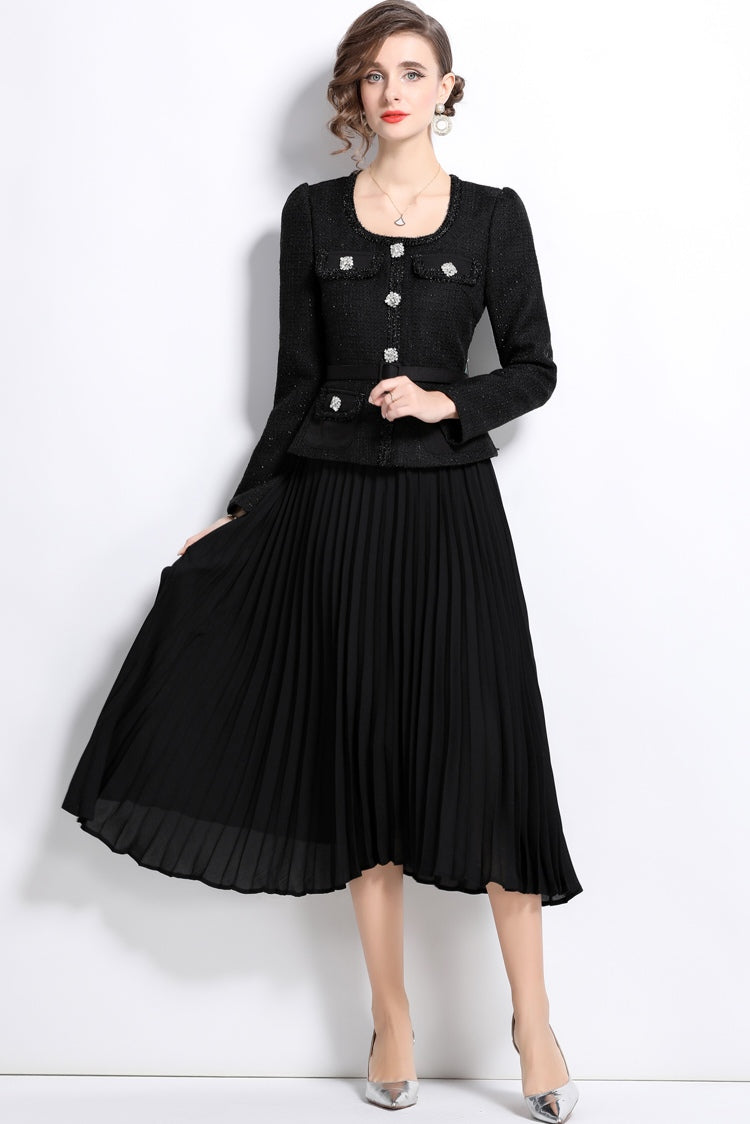 Black Long-sleeve Square Neck Stitching Pleated Large Swing Dress