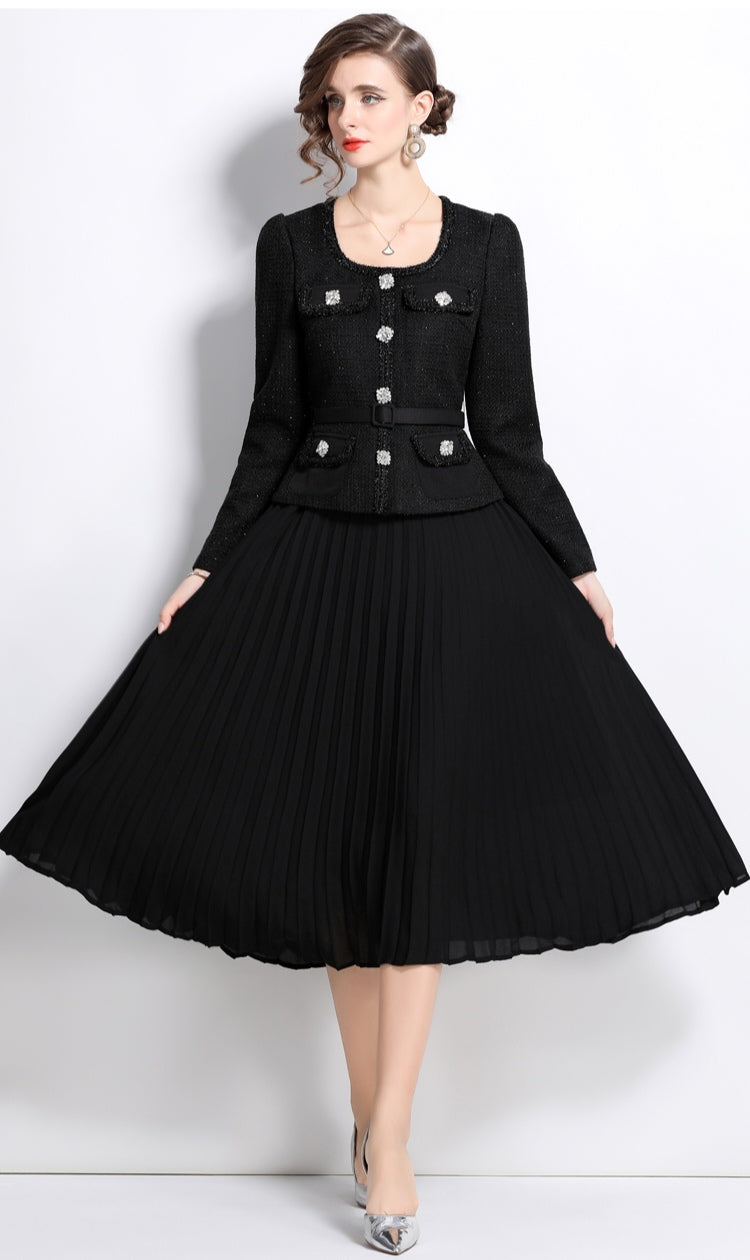 Black Long-sleeve Square Neck Stitching Pleated Large Swing Dress