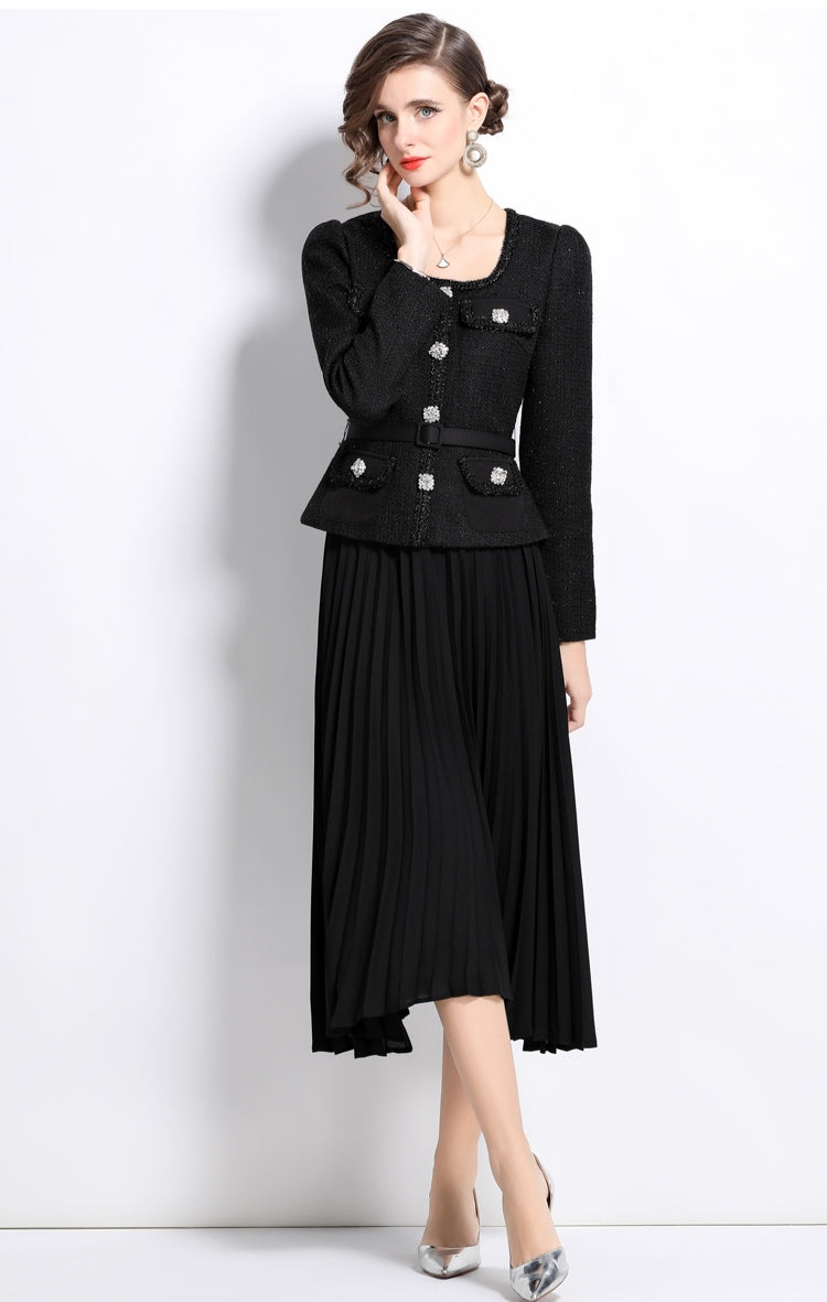 Black Long-sleeve Square Neck Stitching Pleated Large Swing Dress