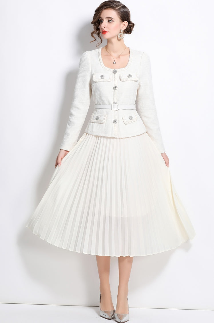 Off White Long-sleeve Square Neck Stitching Pleated Large Swing Dress