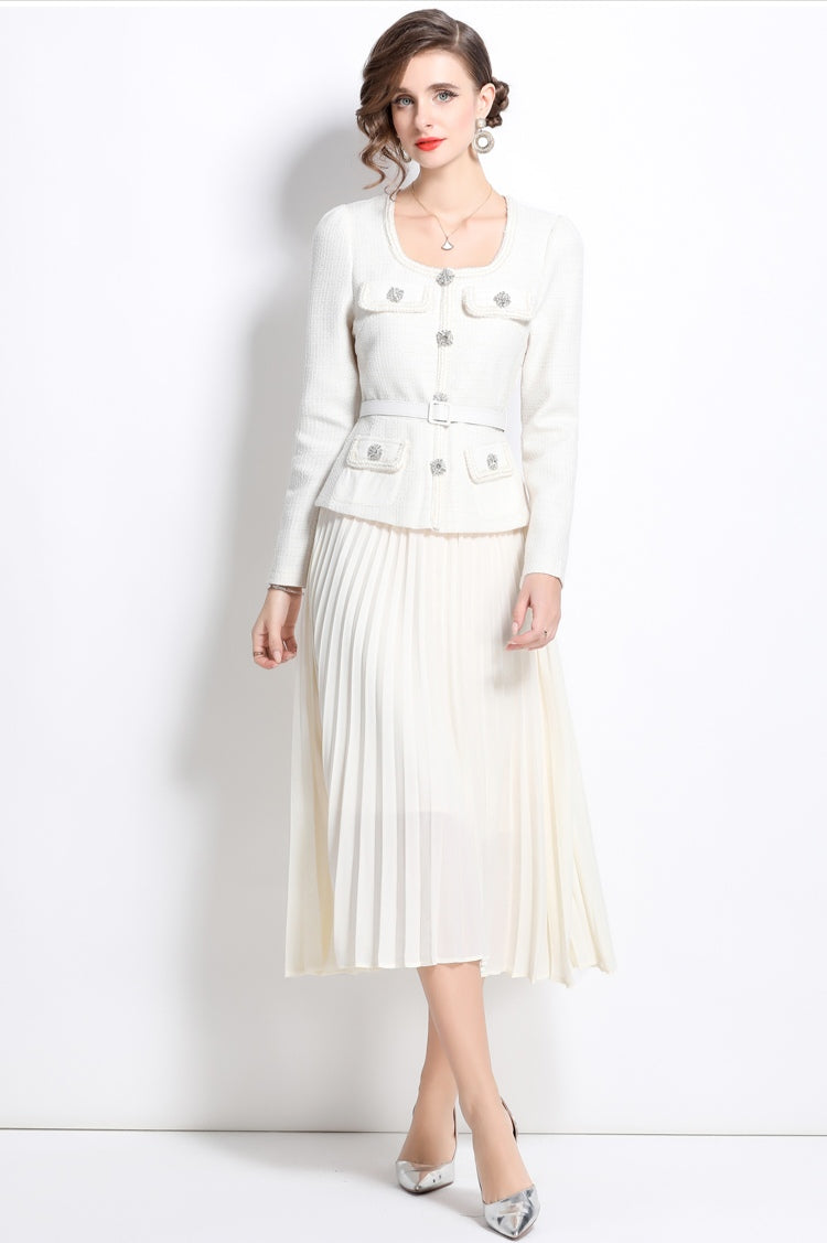 Off White Long-sleeve Square Neck Stitching Pleated Large Swing Dress