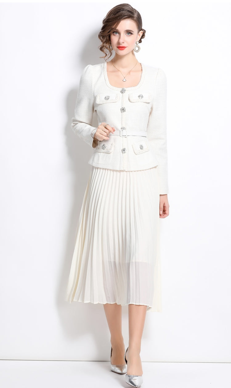 Off White Long-sleeve Square Neck Stitching Pleated Large Swing Dress