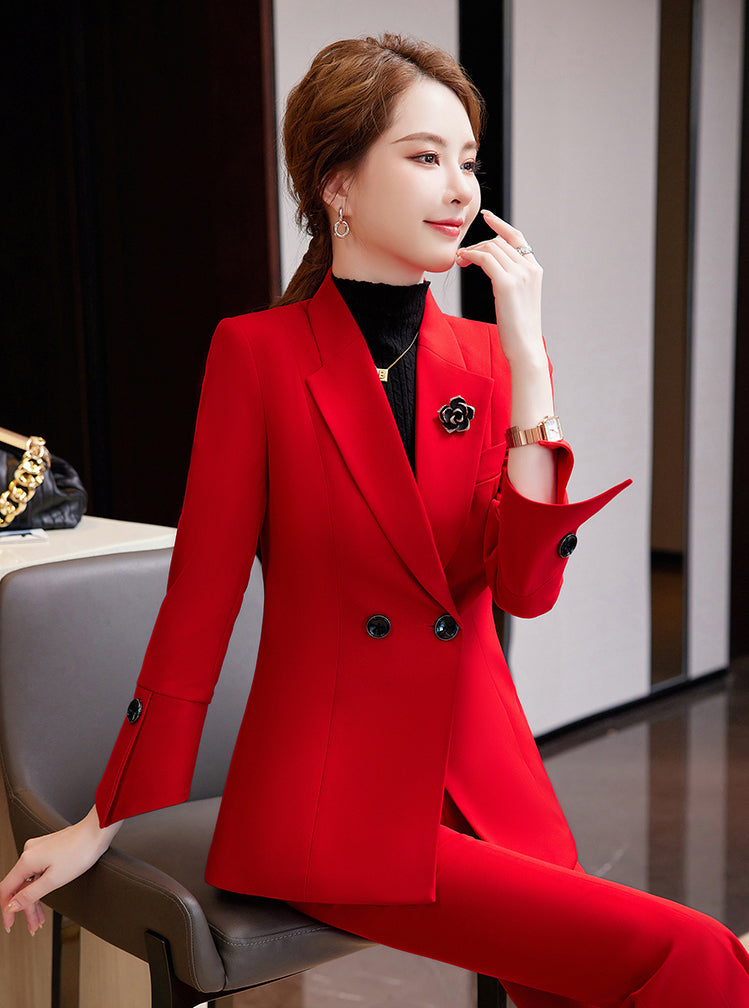 Women's Suit Jacket + Professional Slim Fit Casual Bell Bottom Pants