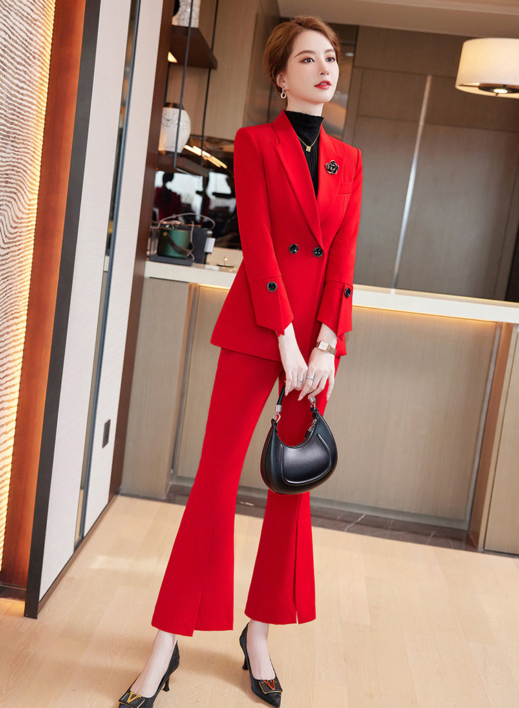 Women's Suit Jacket + Professional Slim Fit Casual Bell Bottom Pants