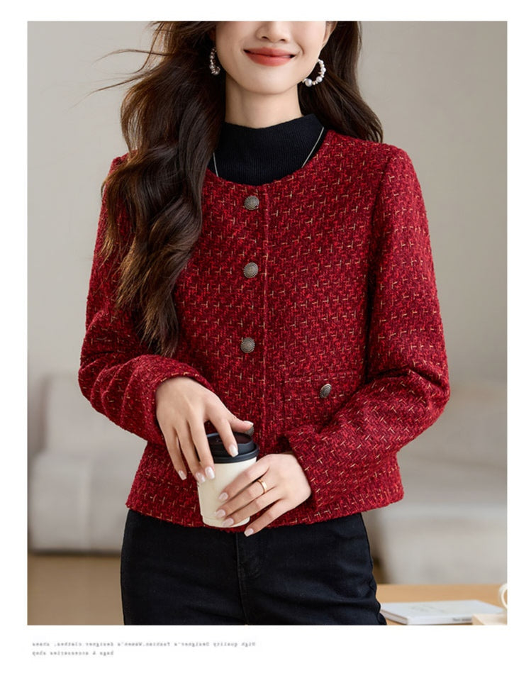 Red Plaid Tweed Short Women's Jacket