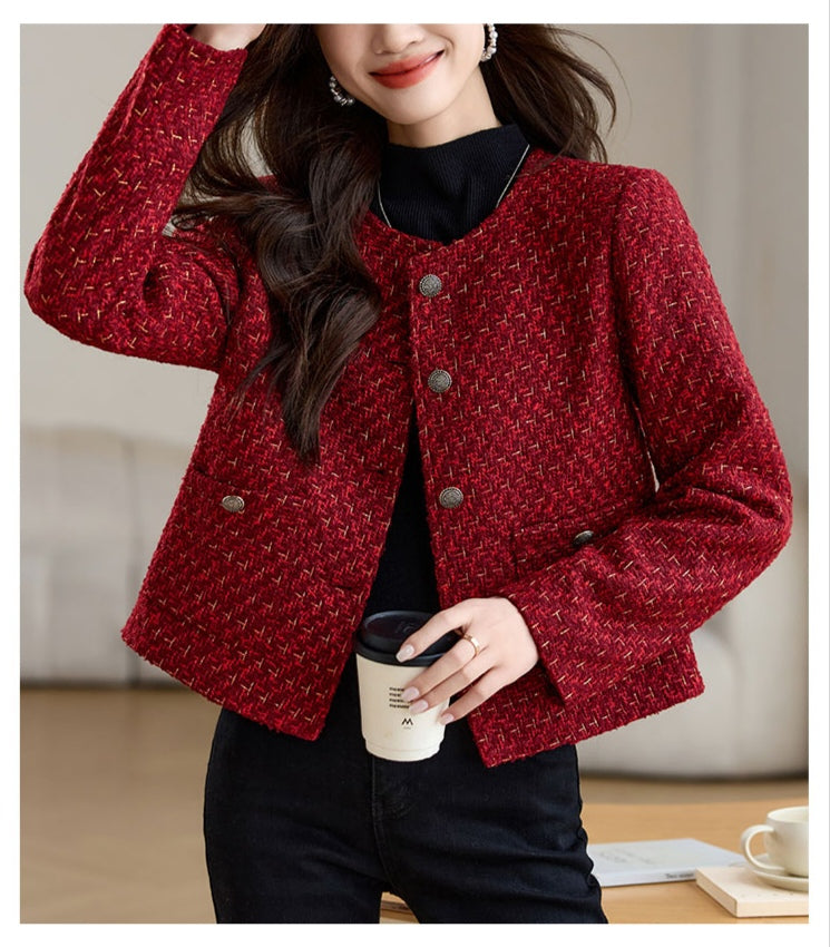 Red Plaid Tweed Short Women's Jacket