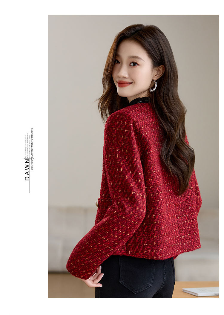 Red Plaid Tweed Short Women's Jacket