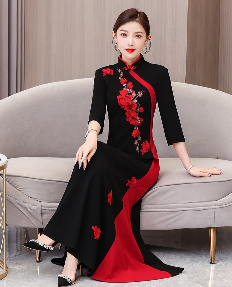 Black And Red Flower Cheongsam Elegant Long Evening Dress