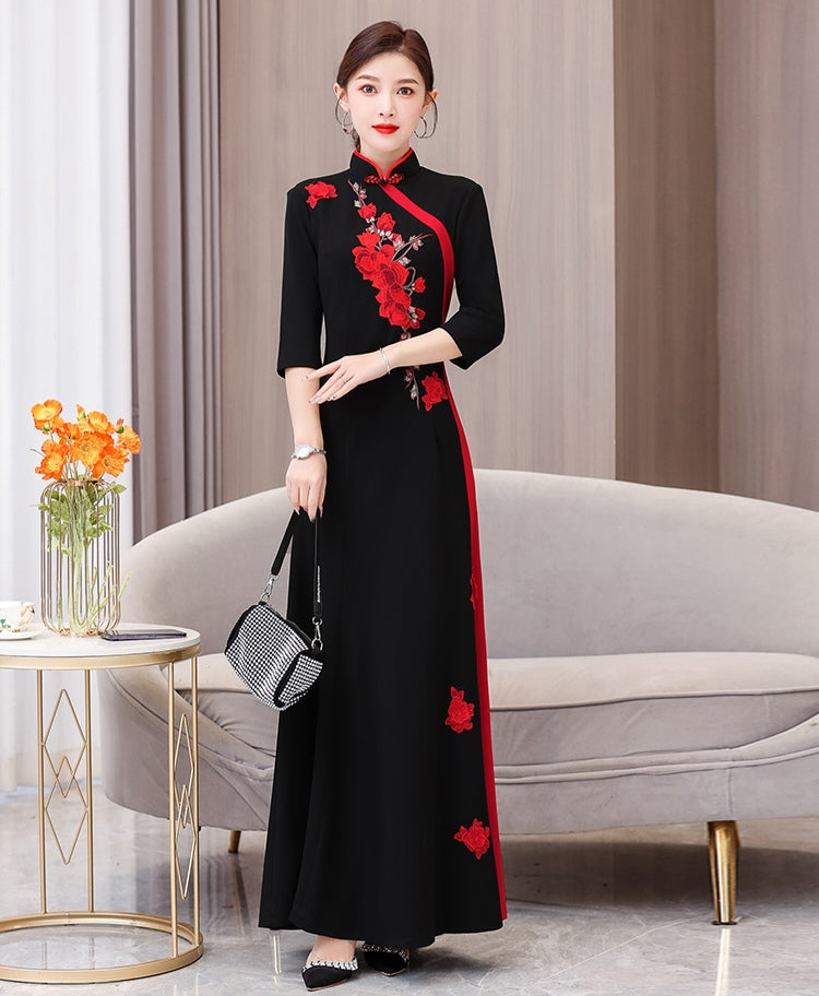 Black And Red Flower Cheongsam Elegant Long Evening Dress