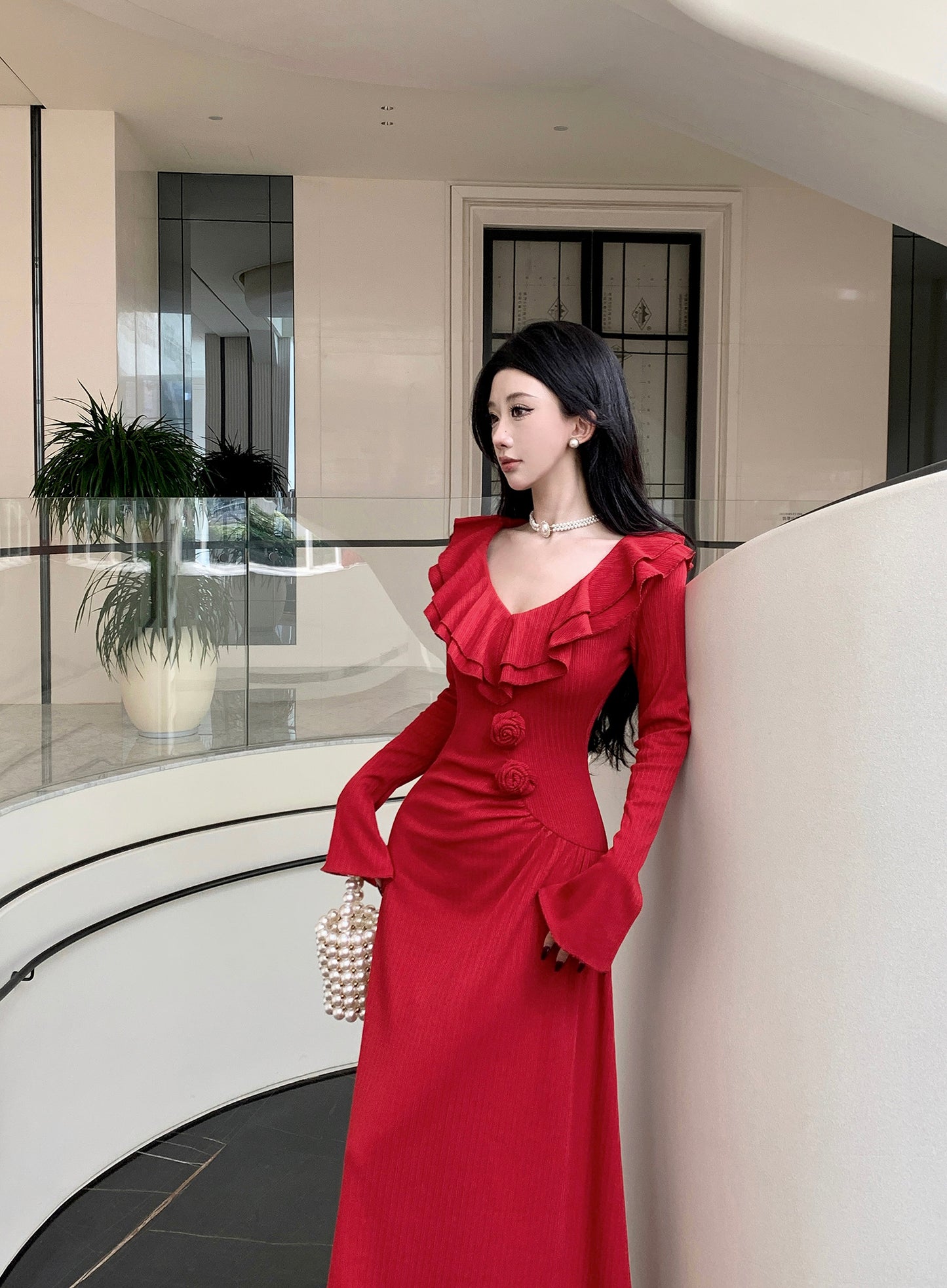 Mist Rose Retro Red Removable Rose Knitted Dress