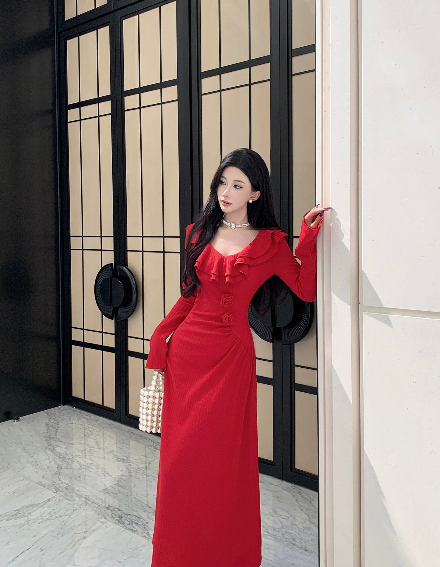 Mist Rose Retro Red Removable Rose Knitted Dress