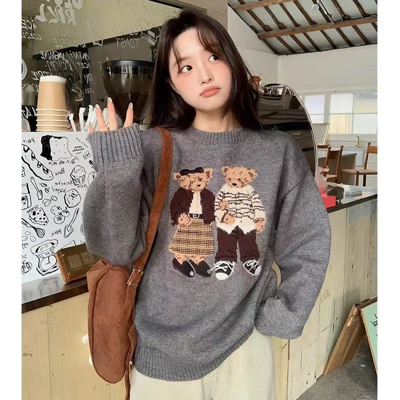 Cashmere Retro Cartoon Bear Jacquard Sweater For Women