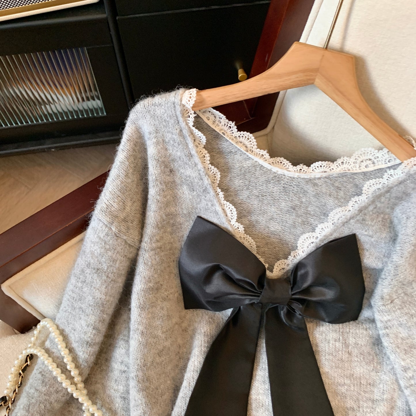 Bowknot Backless V-neck Loose Sweater For Women