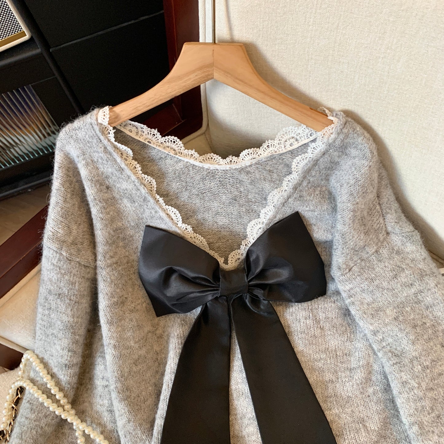 Bowknot Backless V-neck Loose Sweater For Women