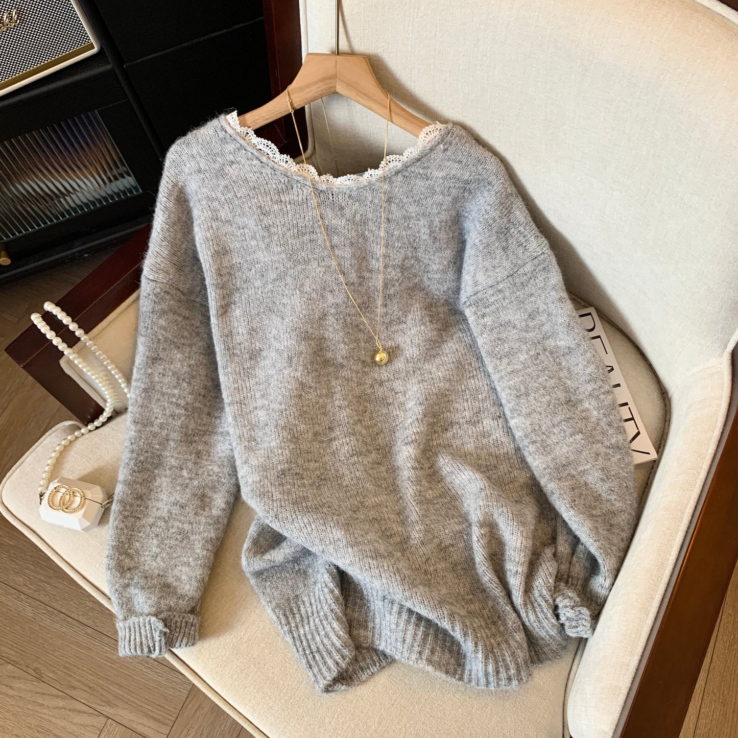 Bowknot Backless V-neck Loose Sweater For Women