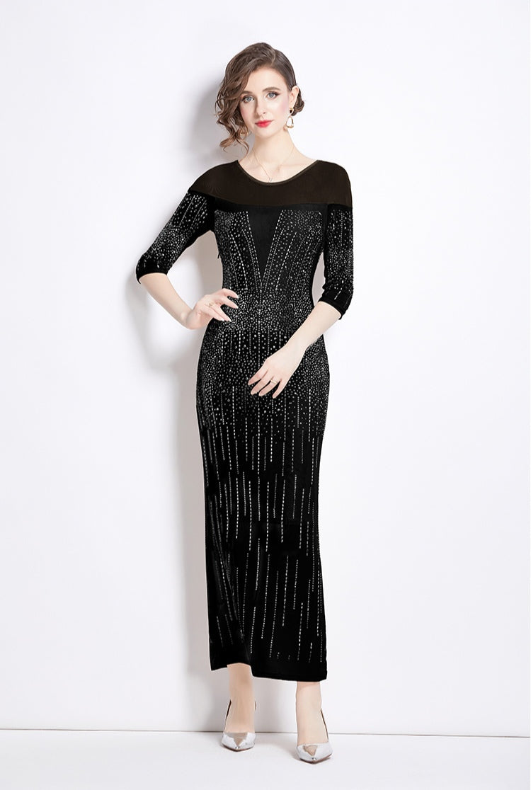 Black Mesh Hot Diamond Elegant Evening Dress