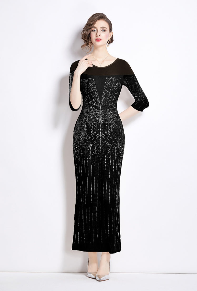 Black Mesh Hot Diamond Elegant Evening Dress