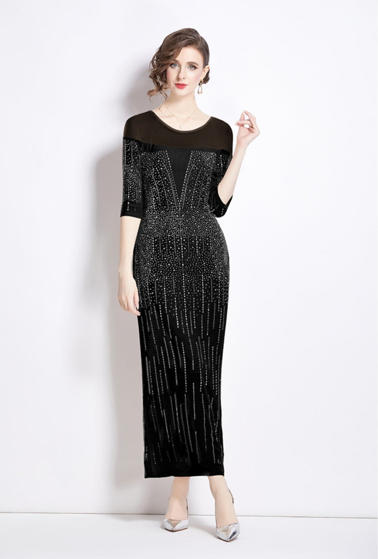 Black Mesh Hot Diamond Elegant Evening Dress